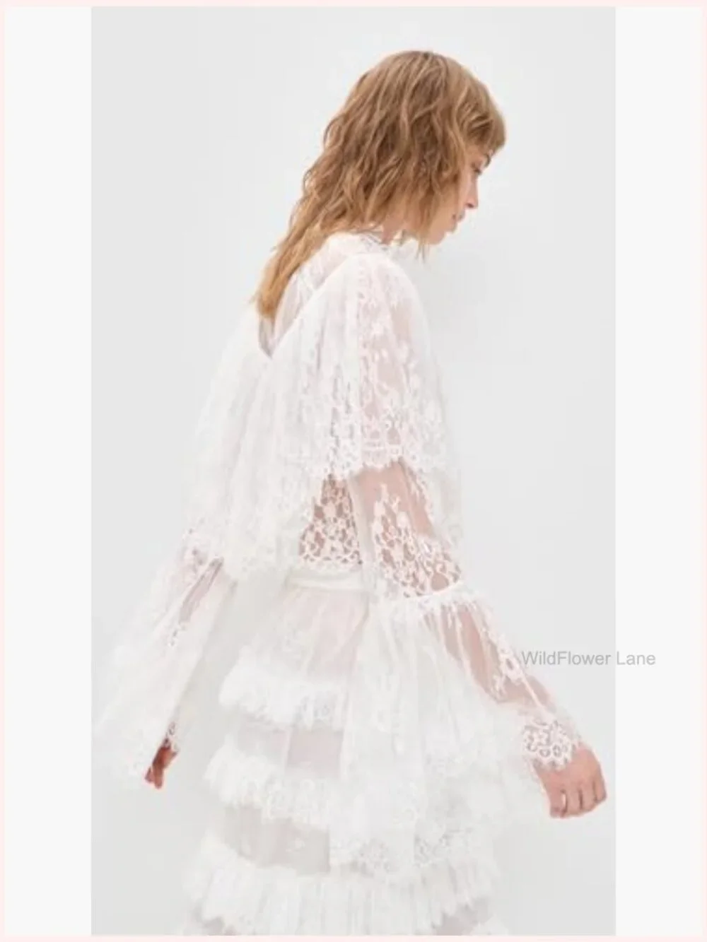 Scallop Trim Floral Lace Mock Neck Blouse - Picture 5 of 6
